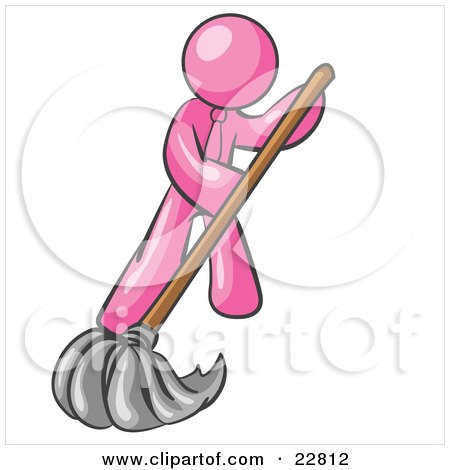 Clipart Illustration of a Pink Man Wearing A Tie, Using A Mop While Mopping A Hard Floor To Clean Up A Mess Or Spill by Leo Blanchette