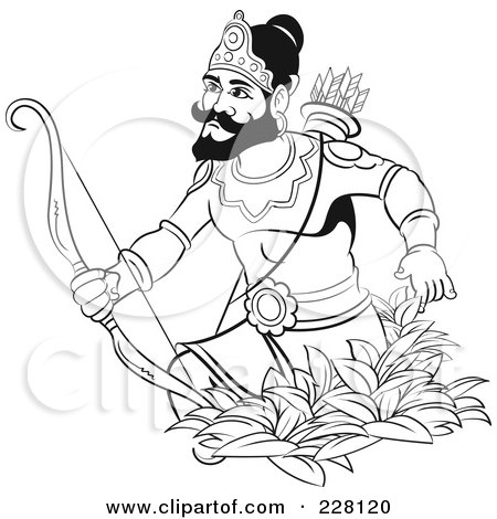 Royalty-Free (RF) Clipart Illustration of a Coloring Page Outline Of A Sinhala King With A Bow And Arrows by Lal Perera