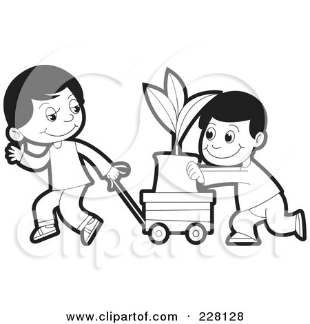 Royalty-Free (RF) Clipart Illustration of A Coloring Page Outline Of Two Boys Pushing A Plant In A Cart by Lal Perera