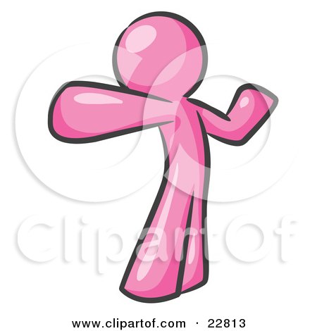 Clipart Illustration of a Pink Man Stretching His Arms And Back Or Punching The Air by Leo Blanchette