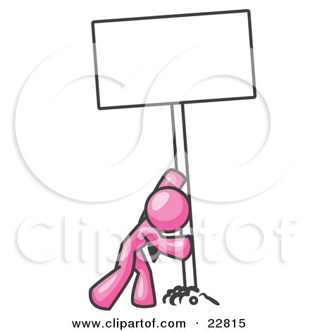 Clipart Illustration of a Strong Pink Man Pushing a Blank Sign Upright  by Leo Blanchette