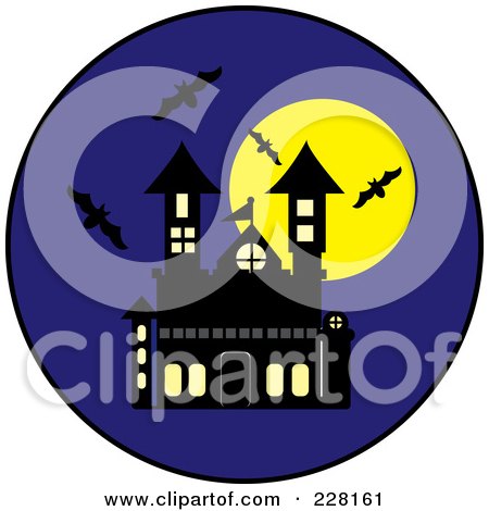 Royalty-Free (RF) Clipart Illustration of Bats Swarming Around A Haunted House And Full Moon On A Blue Circle by Pams Clipart