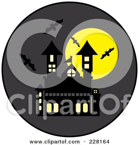 Royalty-Free (RF) Clipart Illustration of Bats Swarming Around A Haunted House And Full Moon On A Gray Circle by Pams Clipart