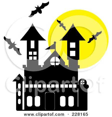 Royalty-Free (RF) Clipart Illustration of Bats Swarming Around A Large Haunted House And Full Moon  by Pams Clipart