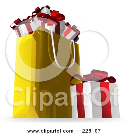 Royalty-Free (RF) Clipart Illustration of a 3d Gift Box By A Golden Shopping Bag Full Of Presents by AtStockIllustration