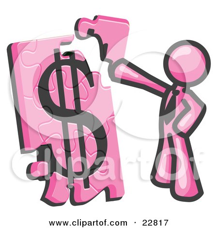 Clipart Illustration of a Pink Businessman Putting a Dollar Sign Puzzle Together by Leo Blanchette