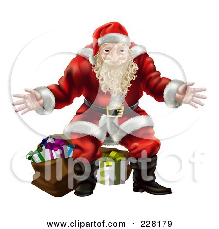 Royalty-Free (RF) Clipart Illustration of Santa Standing With Open Arms In Front Of Presents by AtStockIllustration