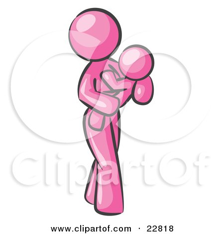Clipart Illustration of a Pink Woman Carrying Her Child In Her Arms, Symbolizing Motherhood And Parenting by Leo Blanchette