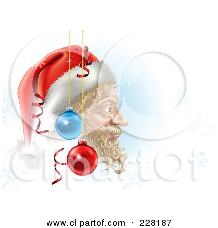 Royalty-Free (RF) Clipart Illustration of a Christmas Background Of Santas Face In Profile, With Ornaments And Snowflakes On Blue And White by AtStockIllustration