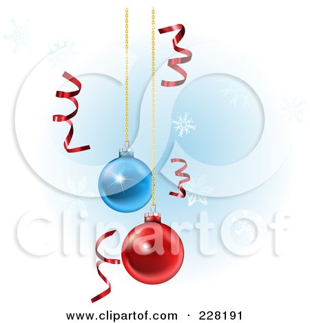 Royalty-Free (RF) Clipart Illustration of a Background Of Shiny Red Curly Ribbons And Suspended Christmas Ornaments by AtStockIllustration