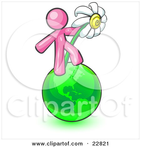 Clipart Illustration of a Pink Man Standing On The Green Planet Earth And Holding A White Daisy, Symbolizing Organics And Going Green For A Healthy Environment by Leo Blanchette
