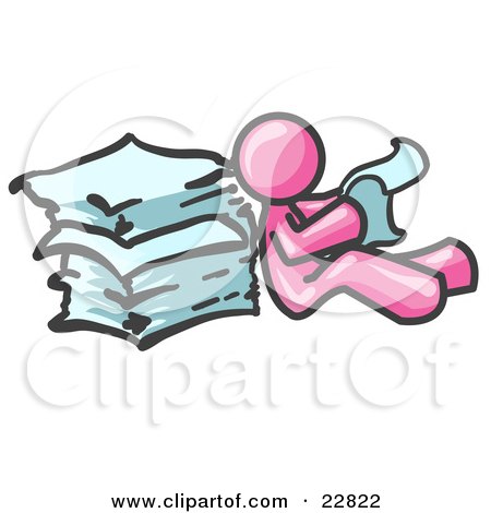 Clipart Illustration of a Pink Man Leaning Against a Stack of Papers by Leo Blanchette