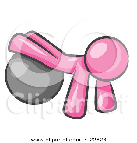 Clipart Illustration of a Pink Man Strength Training His Arms And Legs While Using A Yoga Exercise Ball by Leo Blanchette