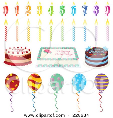 Royalty-Free (RF) Clipart Illustration of a Digital Collage Of Birthday Candles, Cakes And Party Balloons by Tonis Pan