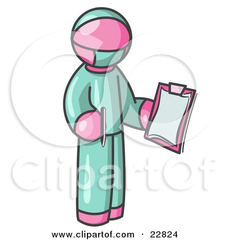Clipart Illustration of a Pink Surgeon Man in Green Scrubs, Holding a Pen and Clipboard by Leo Blanchette