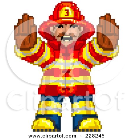 Royalty-Free (RF) Clipart Illustration of a Pixelated Fireman Gesturing To Stop by Tonis Pan