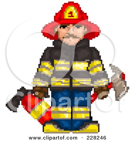 Royalty-Free (RF) Clipart Illustration of a Pixelated Fireman Holding An Extinguisher And Axe by Tonis Pan