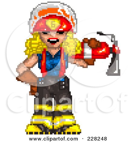 Royalty-Free (RF) Clipart Illustration of a Pixelated Fire Woman Carrying An Extinguisher On Her Shoulder by Tonis Pan