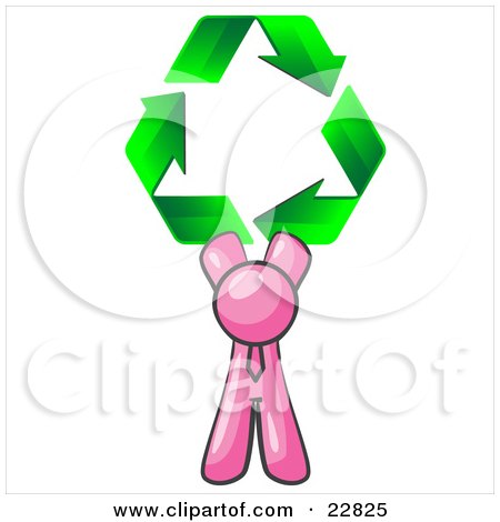 Clipart Illustration of a Pink Man Holding Up Three Green Arrows Forming A Triangle And Moving In A Clockwise Motion, Symbolizing Renewable Energy And Recycling by Leo Blanchette