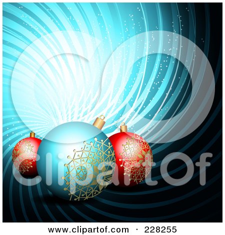 Royalty-Free (RF) Clipart Illustration of a Blue Swirl Background With Blue And Red Christmas Ornaments by MilsiArt