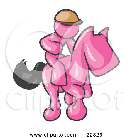 Clipart Illustration of a Pink Man, A Jockey, Riding On A Race Horse And Racing In A Derby by Leo Blanchette