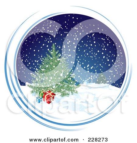 Royalty-Free (RF) Clipart Illustration of a Blue Snowy Circle With A Christmas Tree And Presents by MilsiArt