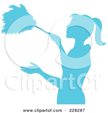 Royalty-Free (RF) Clipart Illustration of a Blue Silhouetted Maid Dusting With A Feather Duster by Pams Clipart