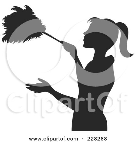 Royalty-Free (RF) Clipart Illustration of a Brown Silhouetted Maid Dusting With A Feather Duster by Pams Clipart
