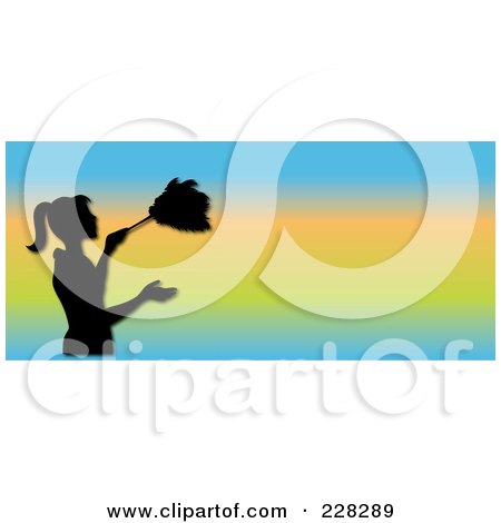 Royalty-Free (RF) Clipart Illustration of a Black Silhouetted Maid Dusting On A Gradient Website Banner by Pams Clipart