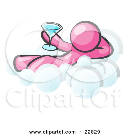 Clipart Illustration of a Relaxed Pink Man Drinking A Martini And Kicking Back On Cloud Nine by Leo Blanchette
