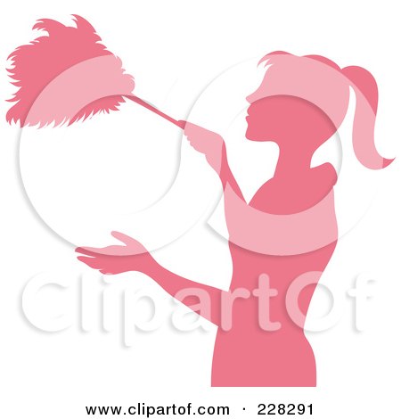 Royalty-Free (RF) Clipart Illustration of a Pink Silhouetted Maid Dusting With A Feather Duster by Pams Clipart