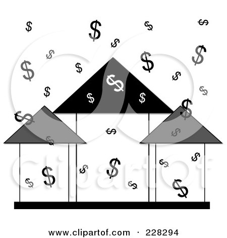 Royalty-Free (RF) Clipart Illustration of a Grayscale Real Estate Profit Graph Of Roof Top Arrows And Dollar Signs by Pams Clipart