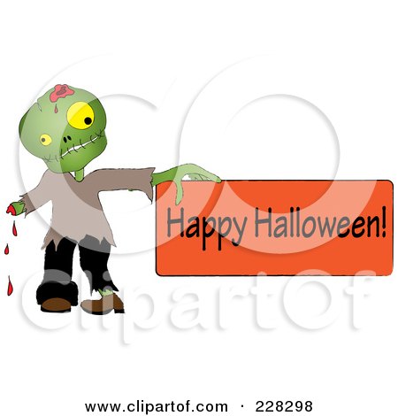 Royalty-Free (RF) Clipart Illustration of a Bleeding Zombie Holding A Happy Halloween Sign by Pams Clipart