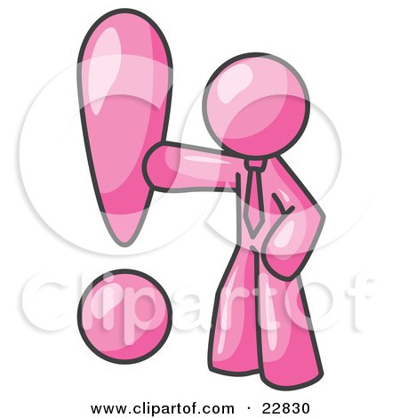 Clipart Illustration of a Pink Businessman Standing by a Large Exclamation Point by Leo Blanchette