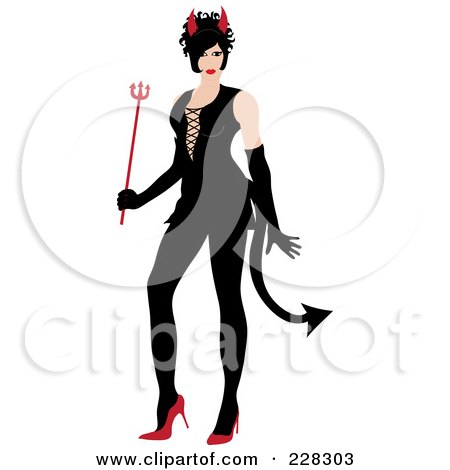 Royalty-Free (RF) Clipart Illustration of a Sexy Woman Wearing A Black Devil Halloween Costume by Pams Clipart