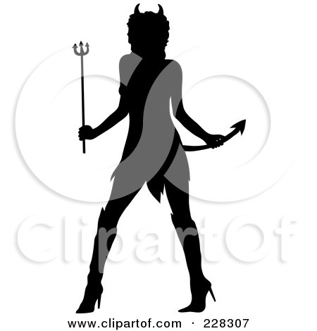 Royalty-Free (RF) Clipart Illustration of a Silhouetted Black Woman In A Devil Halloween Costume by Pams Clipart
