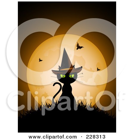 Royalty-Free (RF) Clipart Illustration of a Black Cat Sitting On Grass And Wearing A Witch Hat, Against A Full Moon With Vampire Bats by elaineitalia