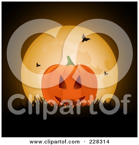 Royalty-Free (RF) Clipart Illustration of a Halloween Jackolantern In Grass Against A Full Moon With Bats by elaineitalia