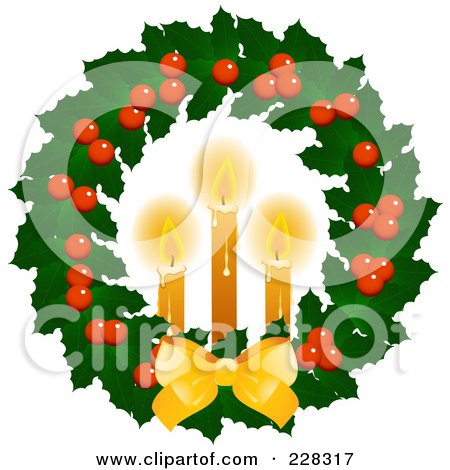 Royalty-Free (RF) Clipart Illustration of a Holly Christmas Wreath With Lit Candles And A Golden Bow by elaineitalia