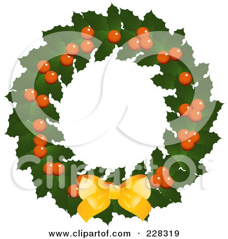 Royalty-Free (RF) Clipart Illustration of a Holly Christmas Wreath With A Golden Bow by elaineitalia