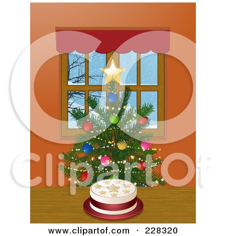 Royalty-Free (RF) Clipart Illustration of a Starry Christmas Cake By A Tree In A Window by elaineitalia