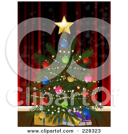 Royalty-Free (RF) Clipart Illustration of Gifts Tucked Under A Small Christmas Tree Agains Ta Red Striped Curtain Or Wall by elaineitalia