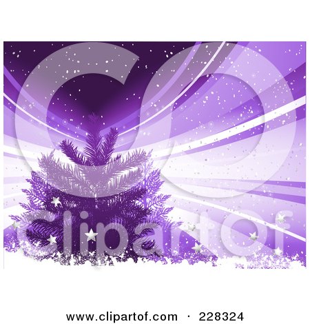 Royalty-Free (RF) Clipart Illustration of a Purple Christmas Background Of An Evergreen Tree With Snow Grunge, Stars And Rays by elaineitalia