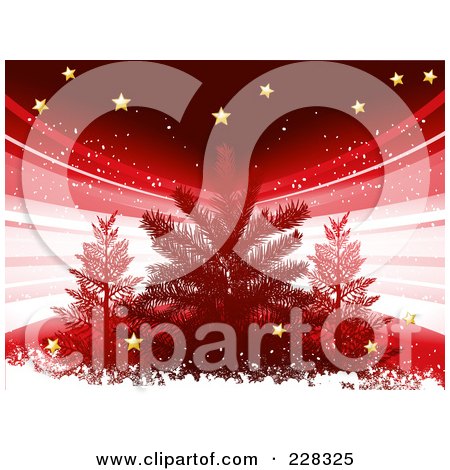Royalty-Free (RF) Clipart Illustration of a Red Christmas Background Of An Evergreen Tree With Snow Grunge, Stars And Rays by elaineitalia