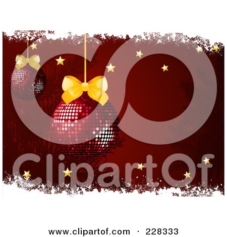 Royalty-Free (RF) Clipart Illustration of a Red Christmas Background With Mosaic Baubles And Gold Bows, Stars And Snow Grunge by elaineitalia