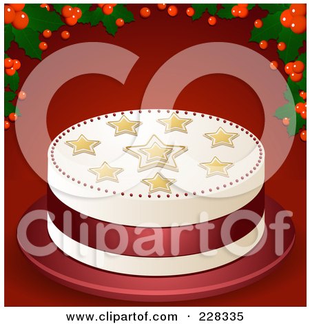 Royalty-Free (RF) Clipart Illustration of a Starry Christmas Cake On Red With Holly And Berries by elaineitalia