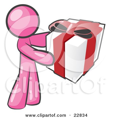 Clipart Illustration of a Thoughtful Pink Man Holding A Christmas, Birthday, Valentine's Day Or Anniversary Gift Wrapped In White Paper With Red Ribbon And A Bow by Leo Blanchette