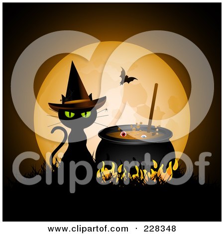 Royalty-Free (RF) Clipart Illustration of a Witch Cat Sitting By A Boiling Cauldron In Front Of A Full Moon With A Vampire Bat by elaineitalia