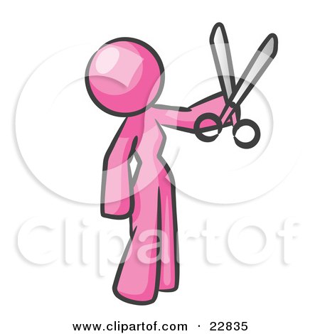 Clipart Illustration of a Pink Woman Standing And Holing Up A Pair Of Scissors by Leo Blanchette