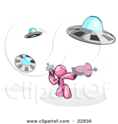 Clipart Illustration of a Pink Man Fighting Off UFO's With Weapons by Leo Blanchette